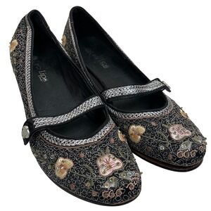 Vintage Two Lips Shoes Mary Jane Heels Womens 9 Black Floral Beaded Kitten Y2K